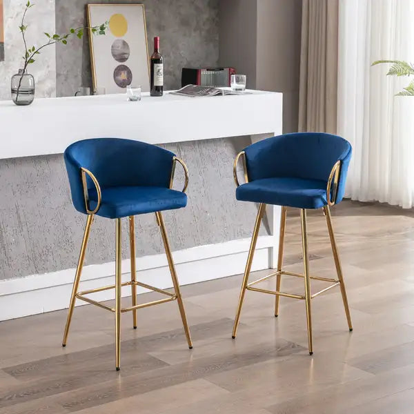 26 Inch Velvet Bar Stools Set of 2, Chrome Footrest, Golden Legs, Blue - Minihomy