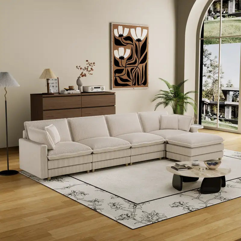 Beige Modular Sectional Sofa with 4 Pillows - L-Shaped Couch