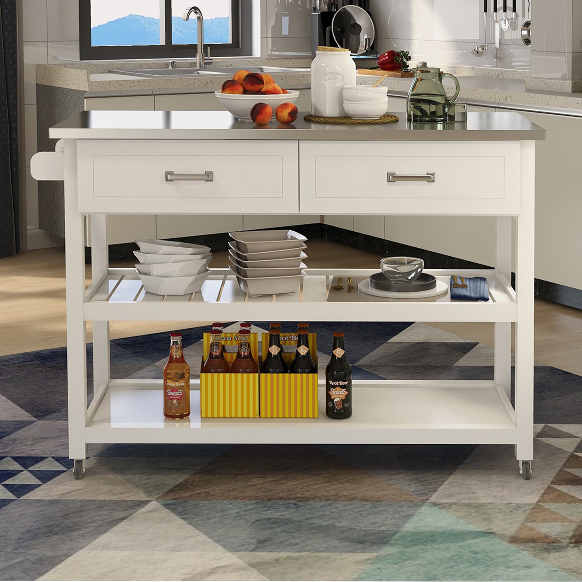 White Kitchen Cart with 2 Drawers & Stainless Steel Top - Mobile Storage