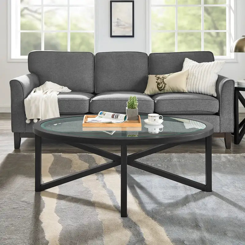 Modern Round Glass Coffee Table with Solid Wood Base