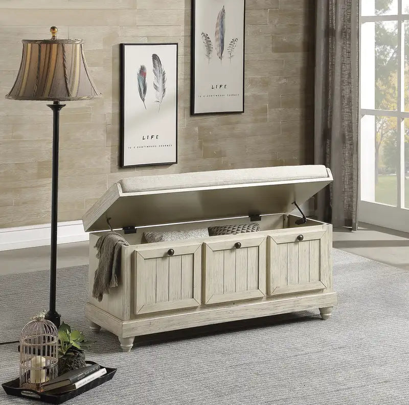 White Storage Bench with Flip-Top Seat & Cushioned Top - Solid Wood