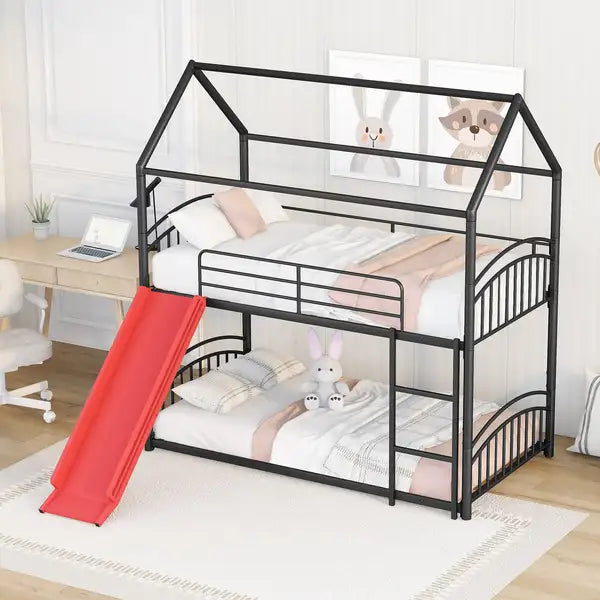 Twin Over Twin Metal Bunk Bed with Slide - Kids House Bed Black & Red