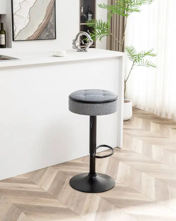 Grey Linen Height Adjustable Swivel Bar Stools (Set of 2) - Counter Height, Armless, Metal Frame - Minihomy