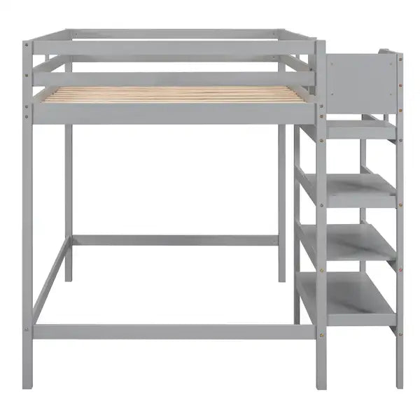 Full Size Loft Bed with Storage Staircase & Clothes Hanger - Gray - Minihomy