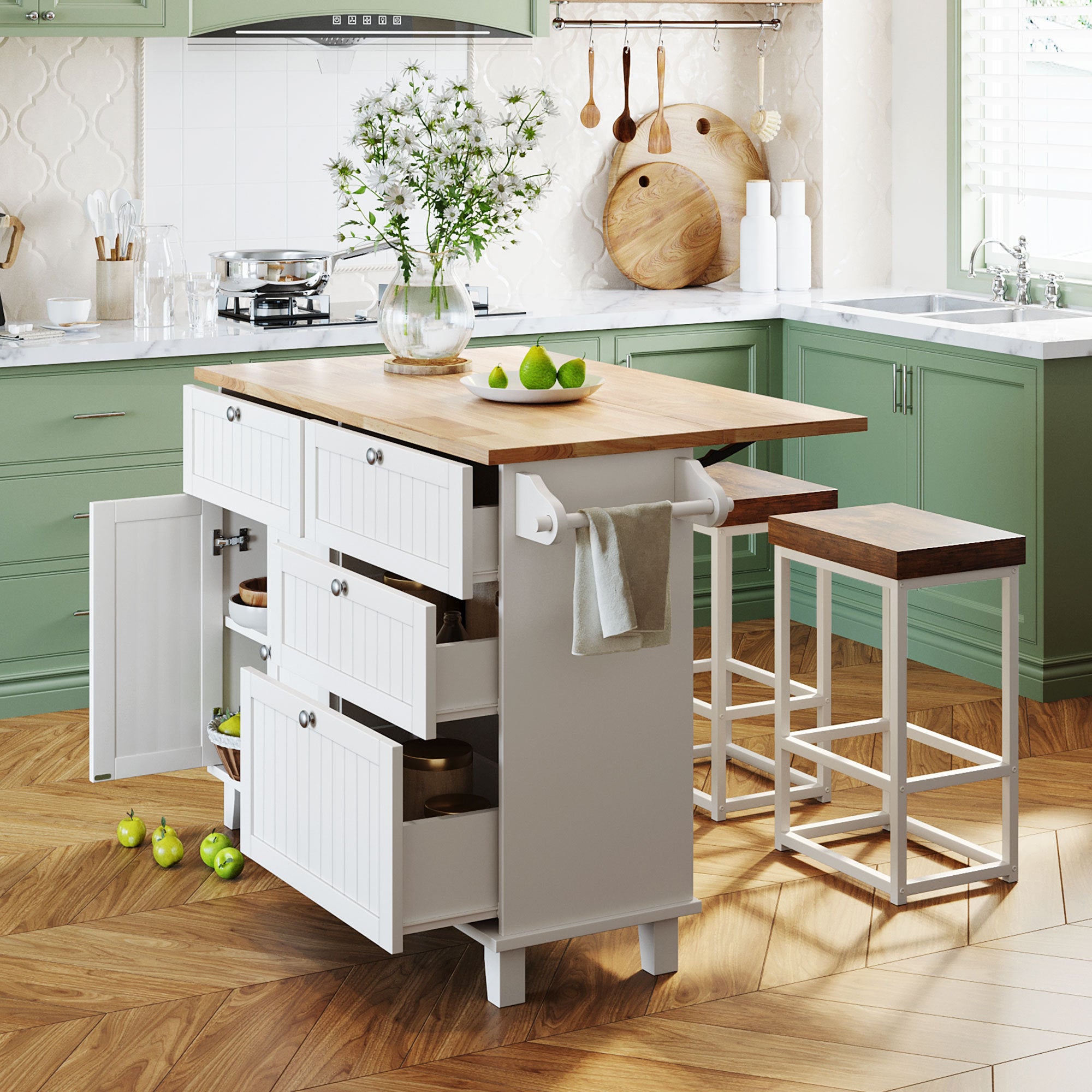 Farmhouse Kitchen Island Set with Drop Leaf, 2 Seats, Storage, White & Rustic Brown