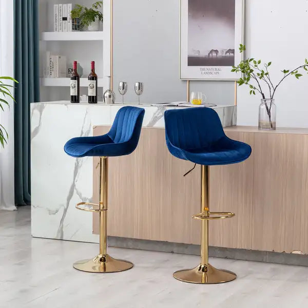 Navy Velvet Bar Stools Set of 2 | Swivel, Height Adjustable, Chrome Base - Minihomy