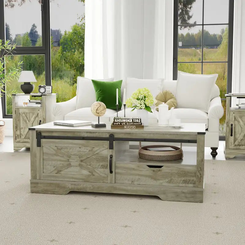 Farmhouse Sliding Barn Door Coffee Table with Storage - Light Gray