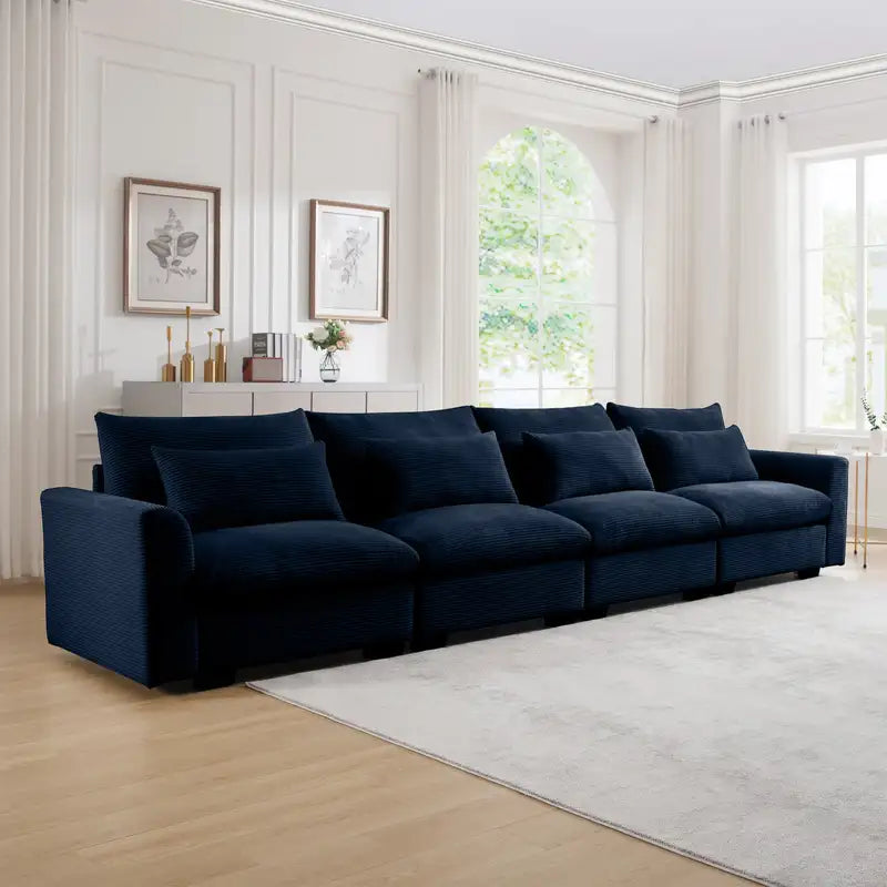 Modern Blue Corduroy 4-Seater Sofa: Deep Seat Couch w/ Pillows