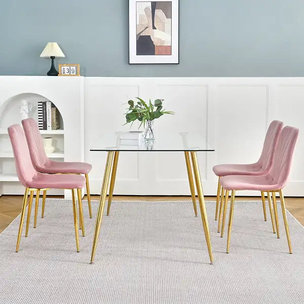 Modern Pink Dining Chairs Set of 4, Light Luxury Home Bedroom Stool with Gold Metal Legs - Minihomy