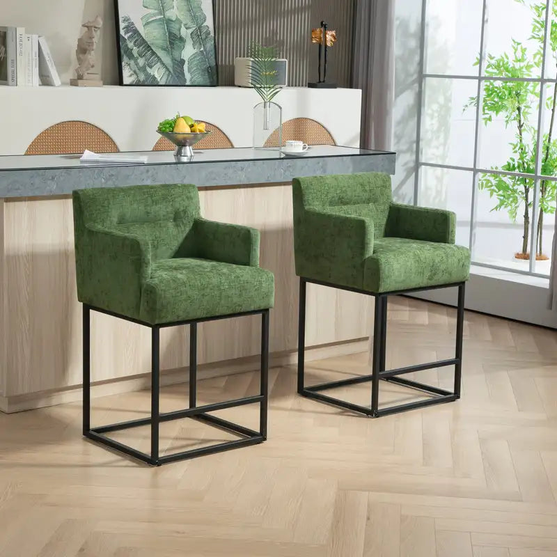 Green Upholstered Bar Stools - 2-Piece Set, Modern Counter Height with Backrest