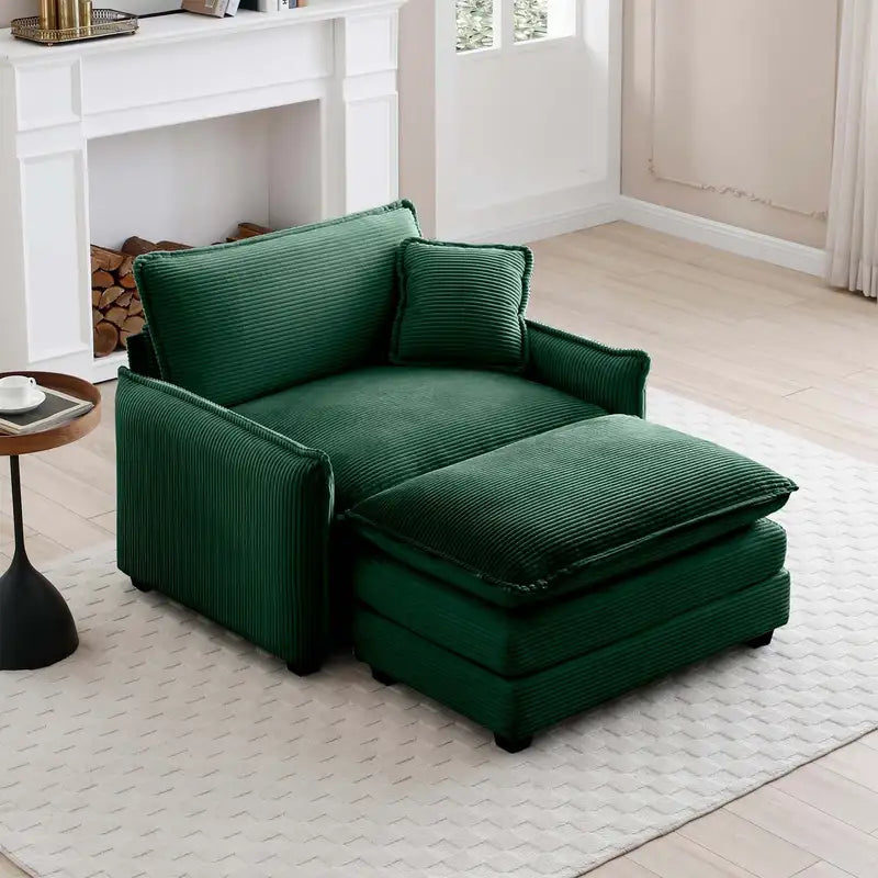 Green Corduroy Sofa & Footstool Set: Deep Seat Living Room Furniture