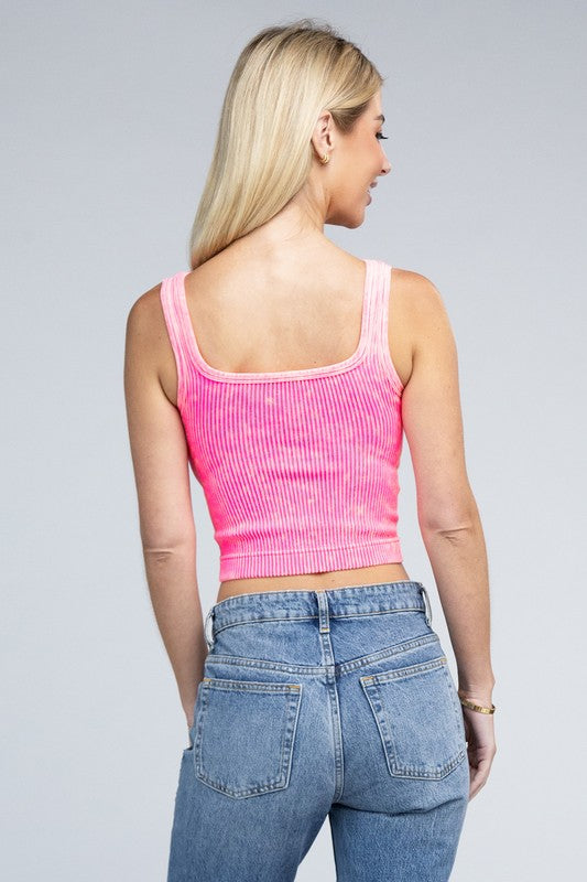 2-Way Neckline Washed Ribbed Cropped Tank Top - Minihomy