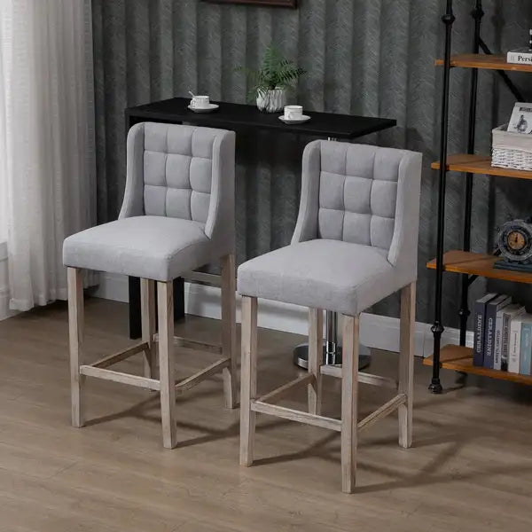 Grey Tufted Bar Stools Set of 2 - Modern Kitchen Pub Chairs with Back