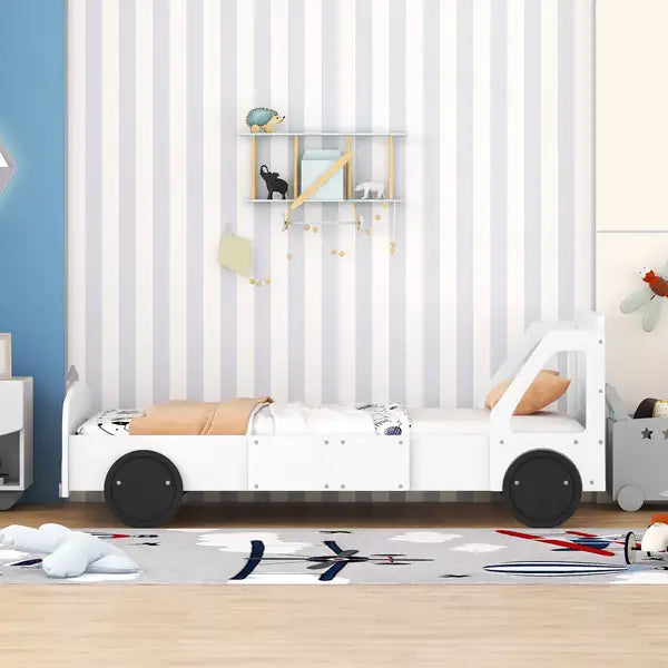 Twin Car-Shaped Platform Bed with Wheels - White for Kids & Teens