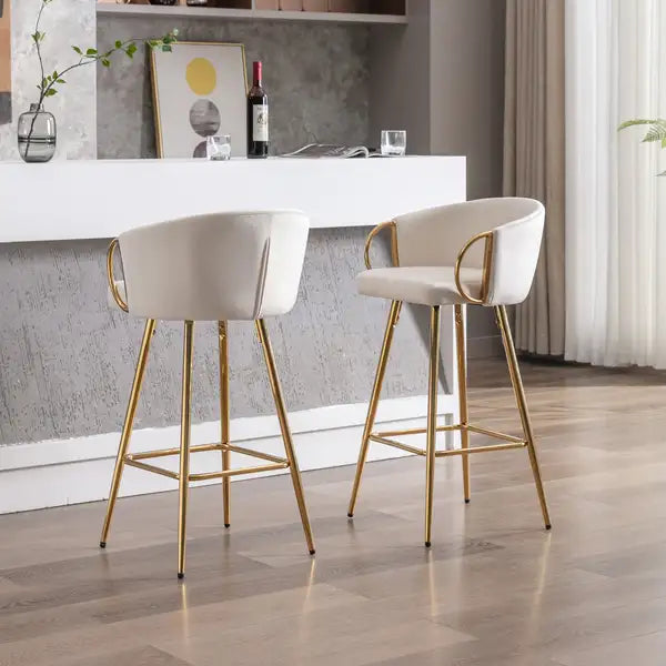 Set of 2 Velvet Bar Stools, 30 Inch, Chrome Footrest & Gold Legs, Cream