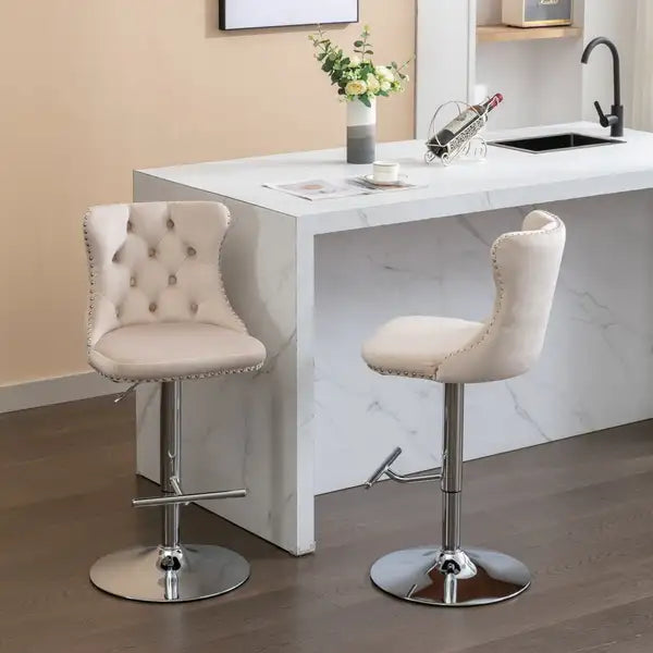 Beige Velvet Swivel Barstools with Backs, Adjustable Height, Chrome Base, Set of 2 - Minihomy