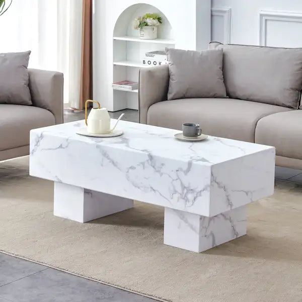 White Coffee Table with Patterns - Modern Rectangular Living Room & Apartment Table - 43.3"x21.6"x17.2"