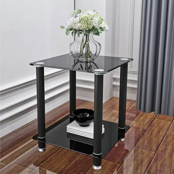 Black 2-Tier Side Table with Storage - Modern Nightstand & End Table