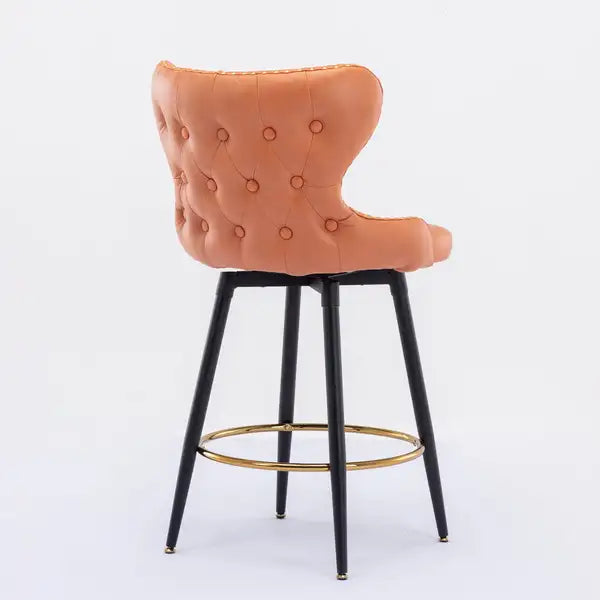 Modern Bar Stools, Set of 2, Swivel, Orange Leatherette, Gold Nailhead Trim - Minihomy