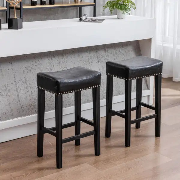 Black Counter Height Bar Stools (Set of 2) - Faux Leather, Backless, Farmhouse Style, 29" - Minihomy