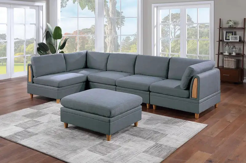 Modular Sectional Sofa Set, 6pc Steel Dorris Fabric Couch & Ottoman