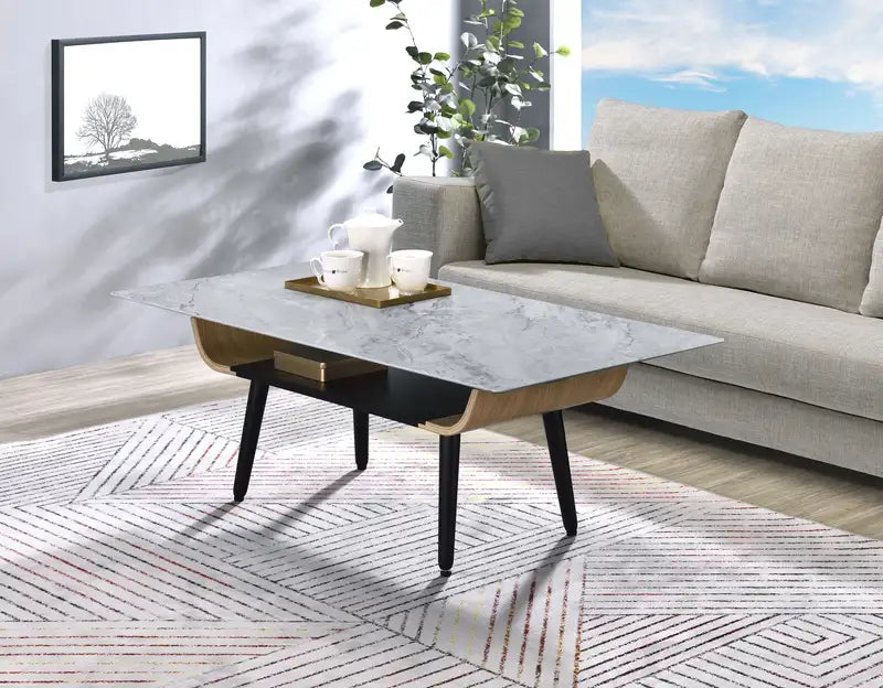 Landon 47" Gray Marble Coffee Table - Bent Wood Design