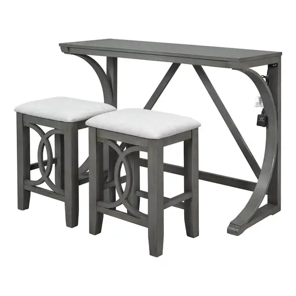 Farmhouse Counter Height Dining Set, 3-Piece with USB Port & Upholstered Stools, Gray - Minihomy