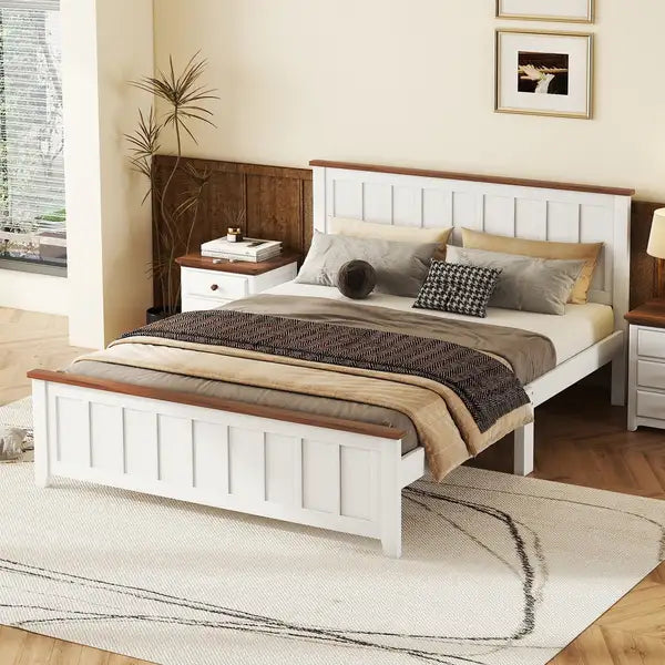 Queen Size Platform Bed Frame - Wooden Slat Support, Vintage White Headboard and Footboard