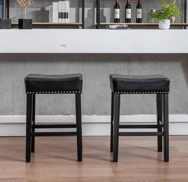 Black Farmhouse Counter Height Bar Stools (Set of 2) - 26" Backless Faux Leather Kitchen Island Chairs - Minihomy