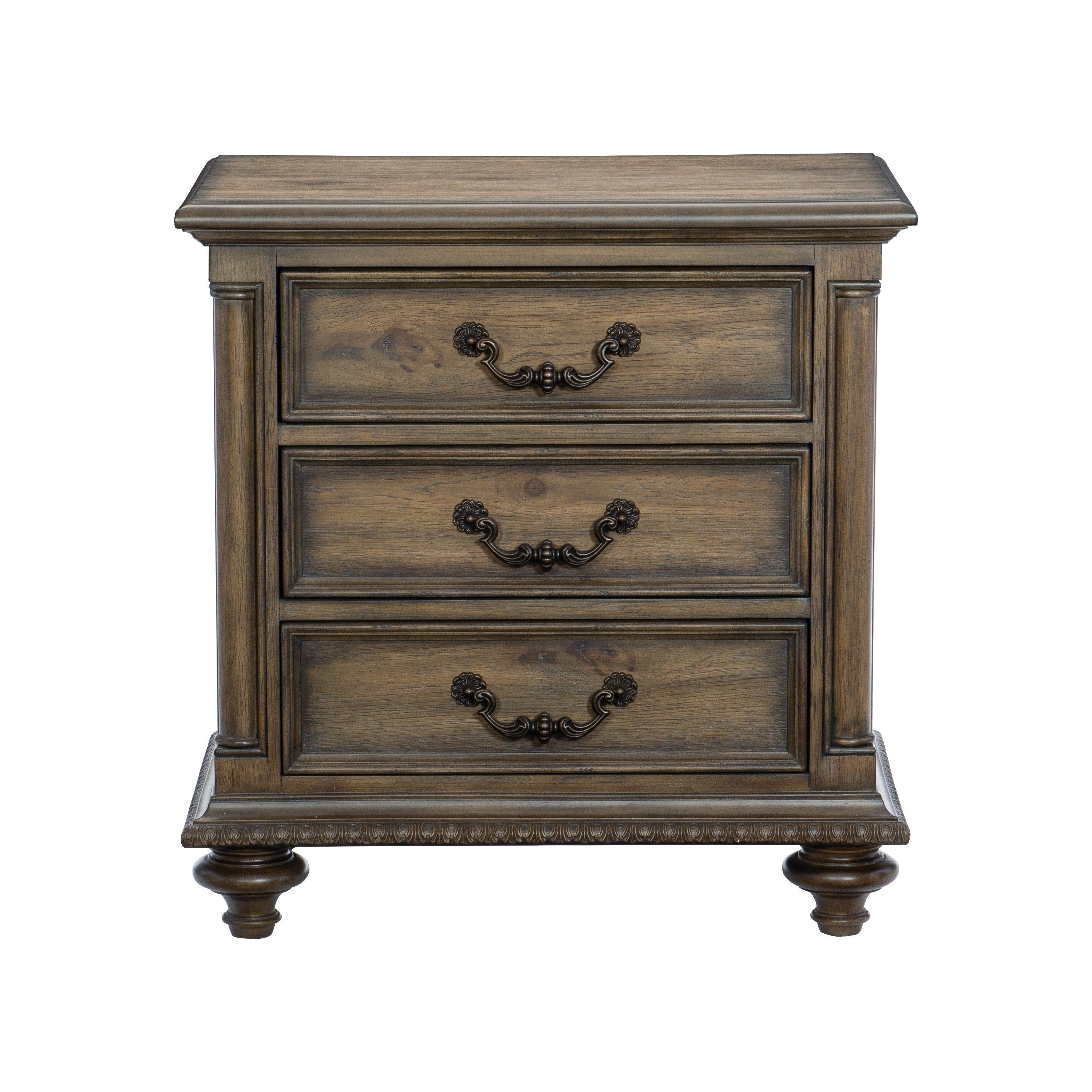 Weathered Pecan Nightstand | 3 Drawer Vintage Bedroom Side Table with Metal Hardware