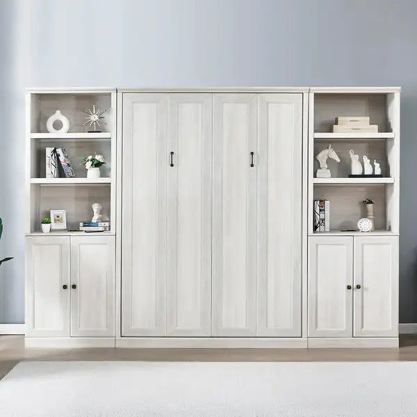 Full Size Murphy Bed with Storage - Self-Closing, Rustic White, Space-Saving for Guest Room, Home Office - Minihomy