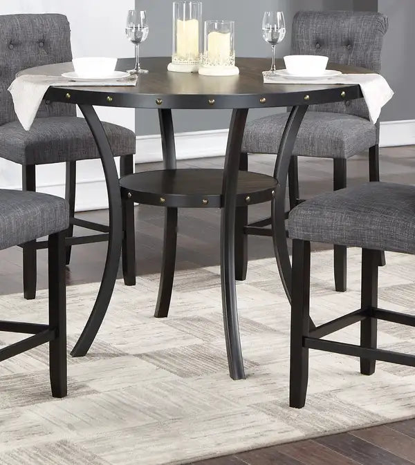 Round Wooden Dining Table with Storage & Nailheads - Counter Height