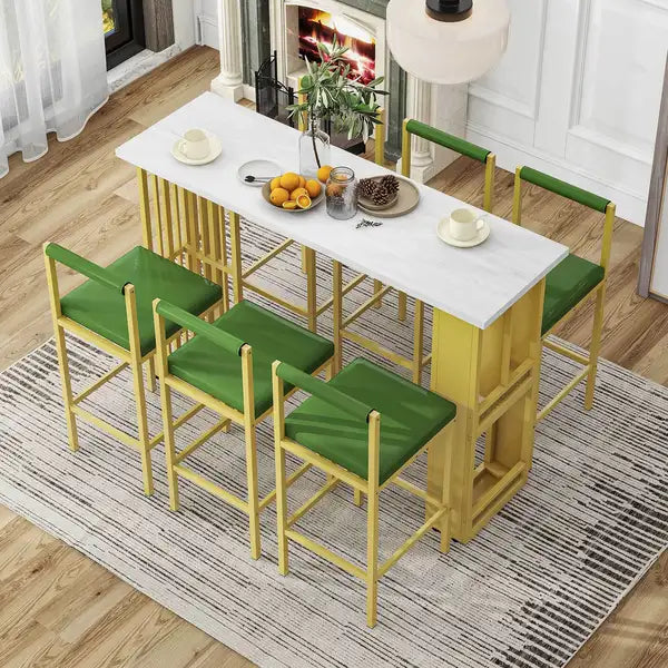 7-Piece Counter Height Dining Set with Upholstered Stools - White & Green - TREXM - Minihomy