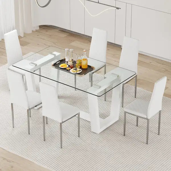 White Dining Table Set with 6 PU Chairs - Tempered Glass Top & Checkered Backrests