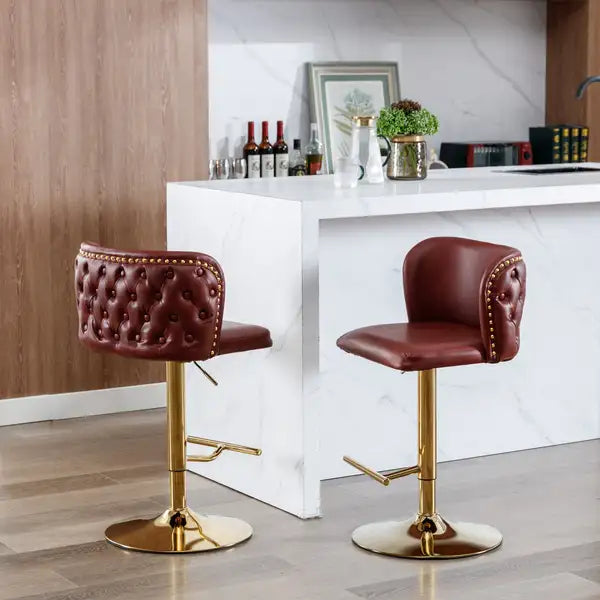 A&A Furniture Swivel Barstools | Adjustable Height, PU Leather, Tufted Back, Wine Red, Set of 2 - Minihomy