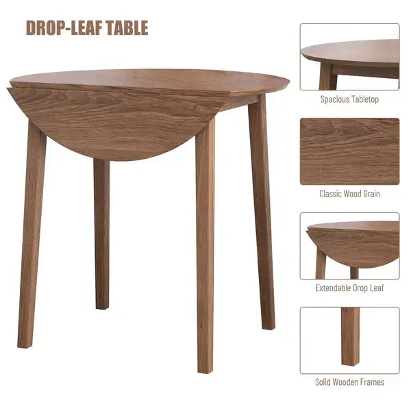 Retro Round Drop-Leaf Counter Height Dining Table Set with 2 Chairs - Walnut