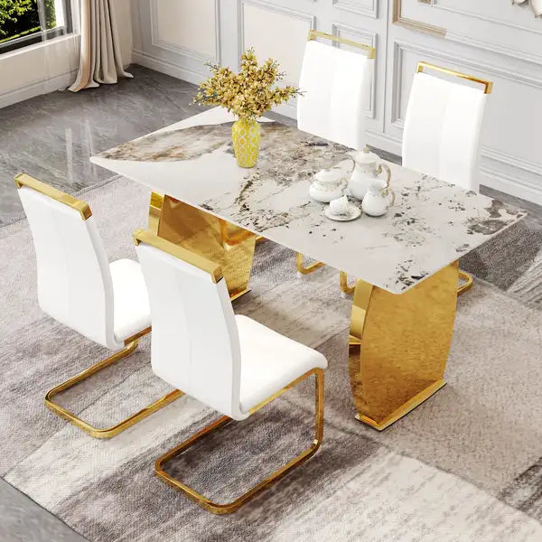 Modern Dining Table & Chair Set - Gold Metal Legs, Rock Plate Top, Stable & Stylish - Minihomy