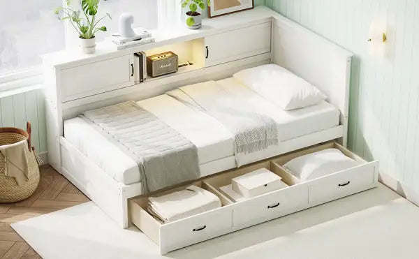 L-Shaped Twin Bed Frame with Drawer, Bookcase, LED Lights & USB Port - White - Minihomy