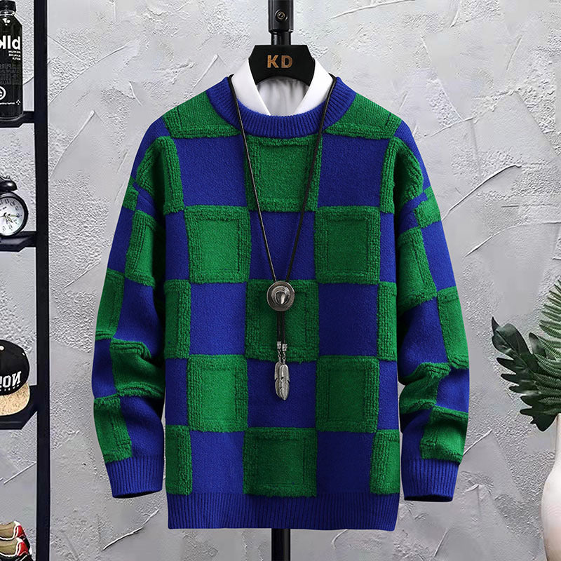 Men's Trendy Plaid Round Neck Sweater Loose