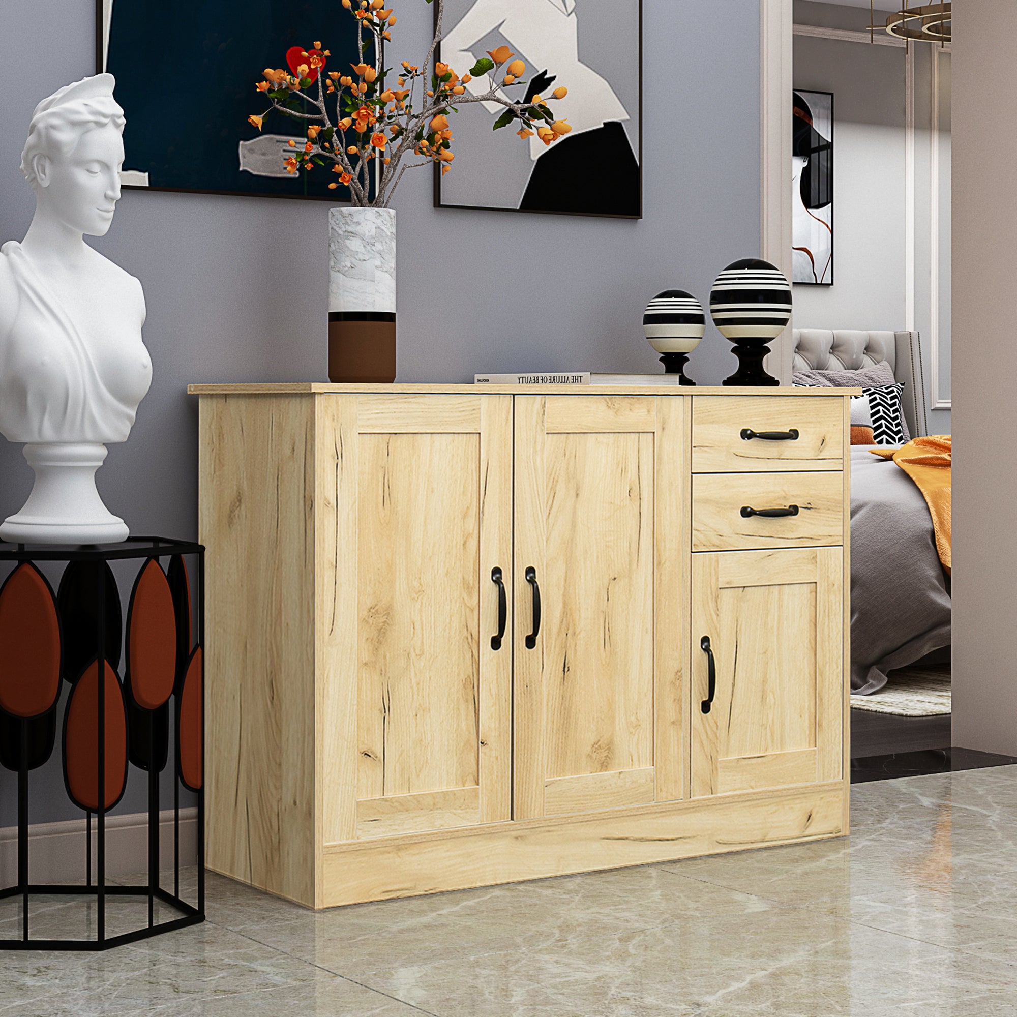 Modern Wood Buffet Sideboard with Storage - Entryway Serving Cabinet - Dining Room Console, 43.3 Inch, Oak