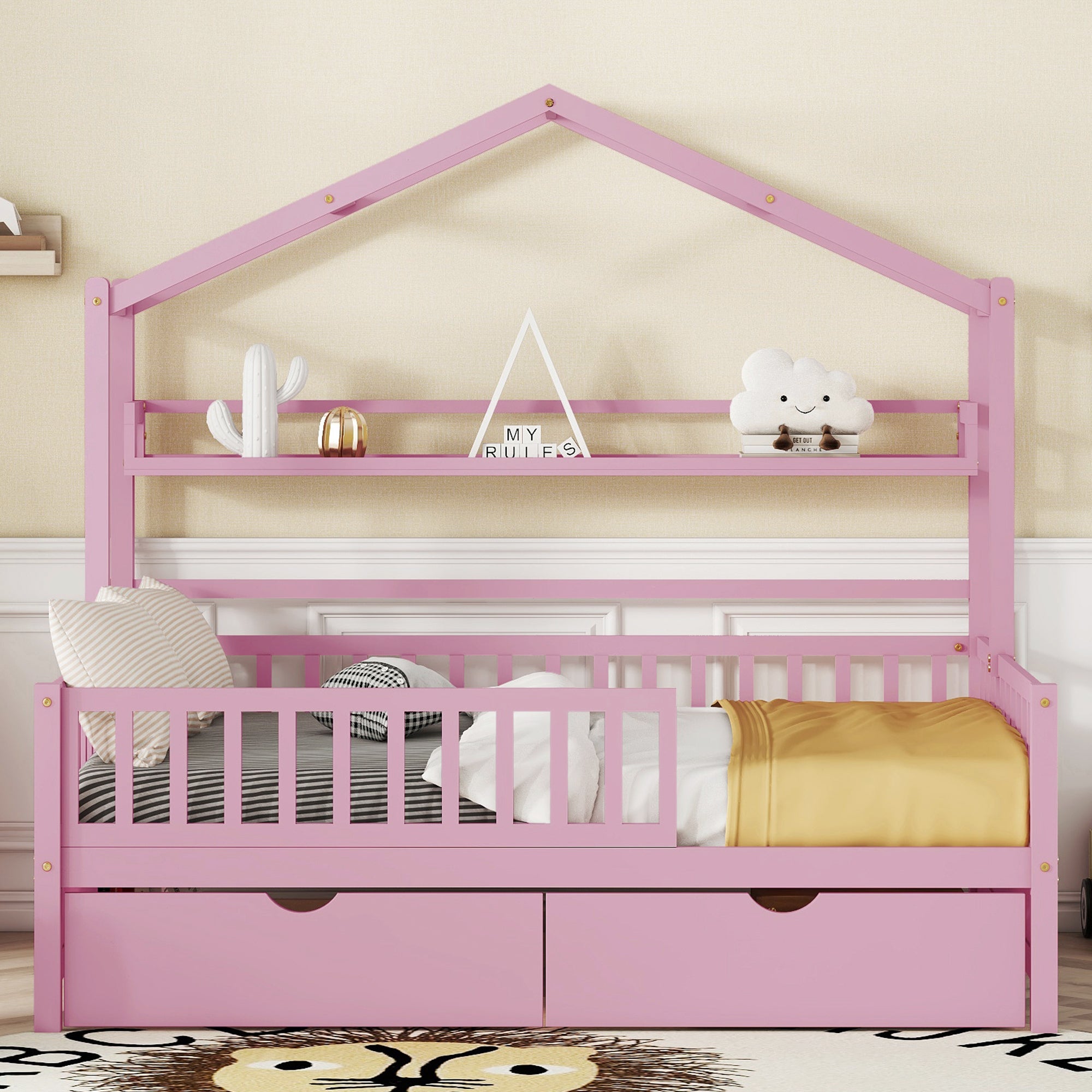 Full Size Wooden House Bed with Storage & Drawers - Pink Kids Bed