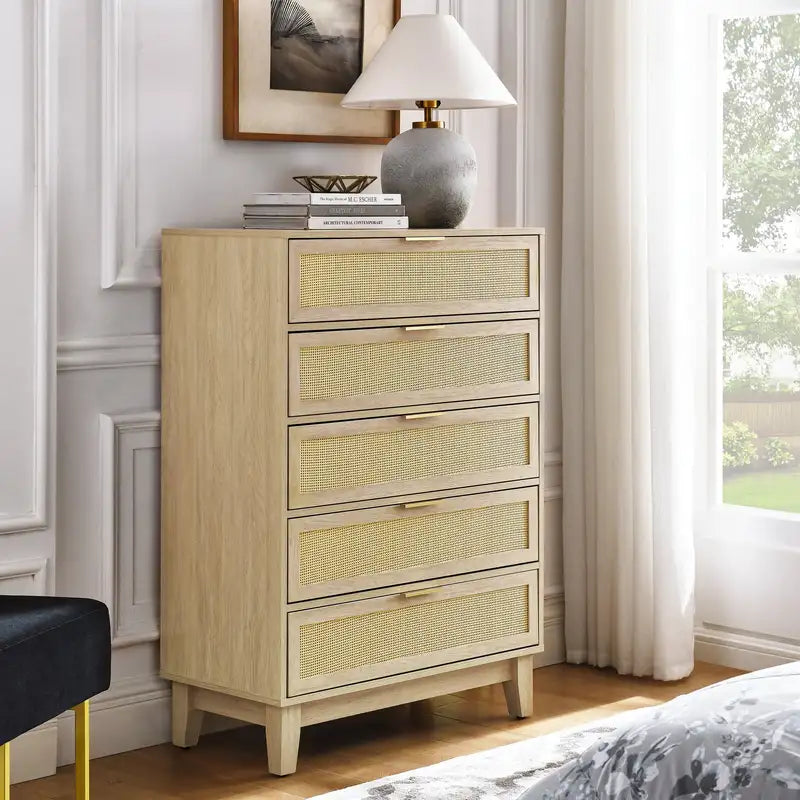 Modern Rattan 5-Drawer Dresser - Bedroom Storage Chest