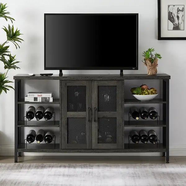 Industrial Wine Cabinet: Liquor Credenza with Wine & Stemware Storage (Dark Grey)