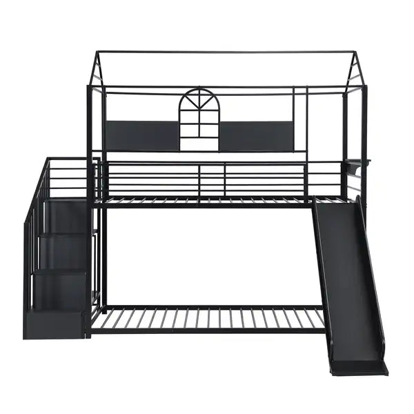 Metal Bunk Bed with Slide, Steps & Ladder - Kids Twin Size Bunk Beds