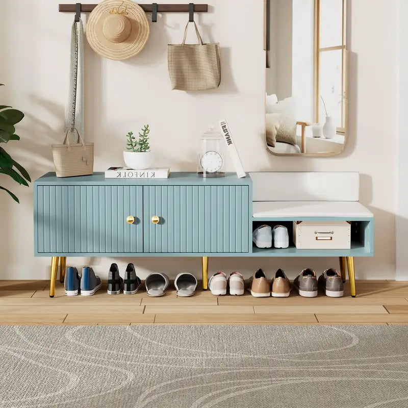 Modern Shoe Storage Bench with Hidden Compartment & Cushions - Light Blue