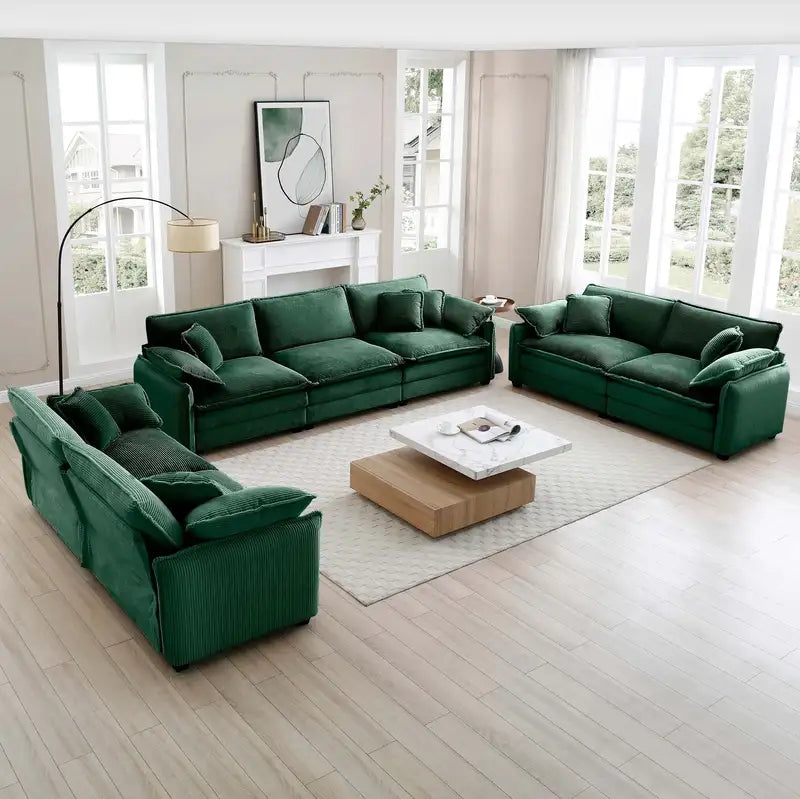 Green Corduroy Sofa Set: 3 Pieces (2x 2-Seater, 1x 3-Seater) Deep Seating