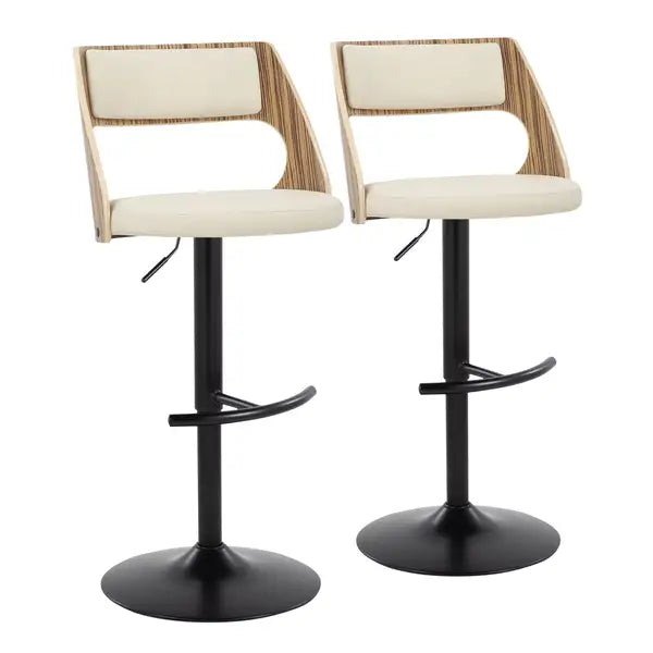 LumiSource Cecina Bar Stools - Set of 2, Adjustable Swivel, Zebra Wood & Faux Leather