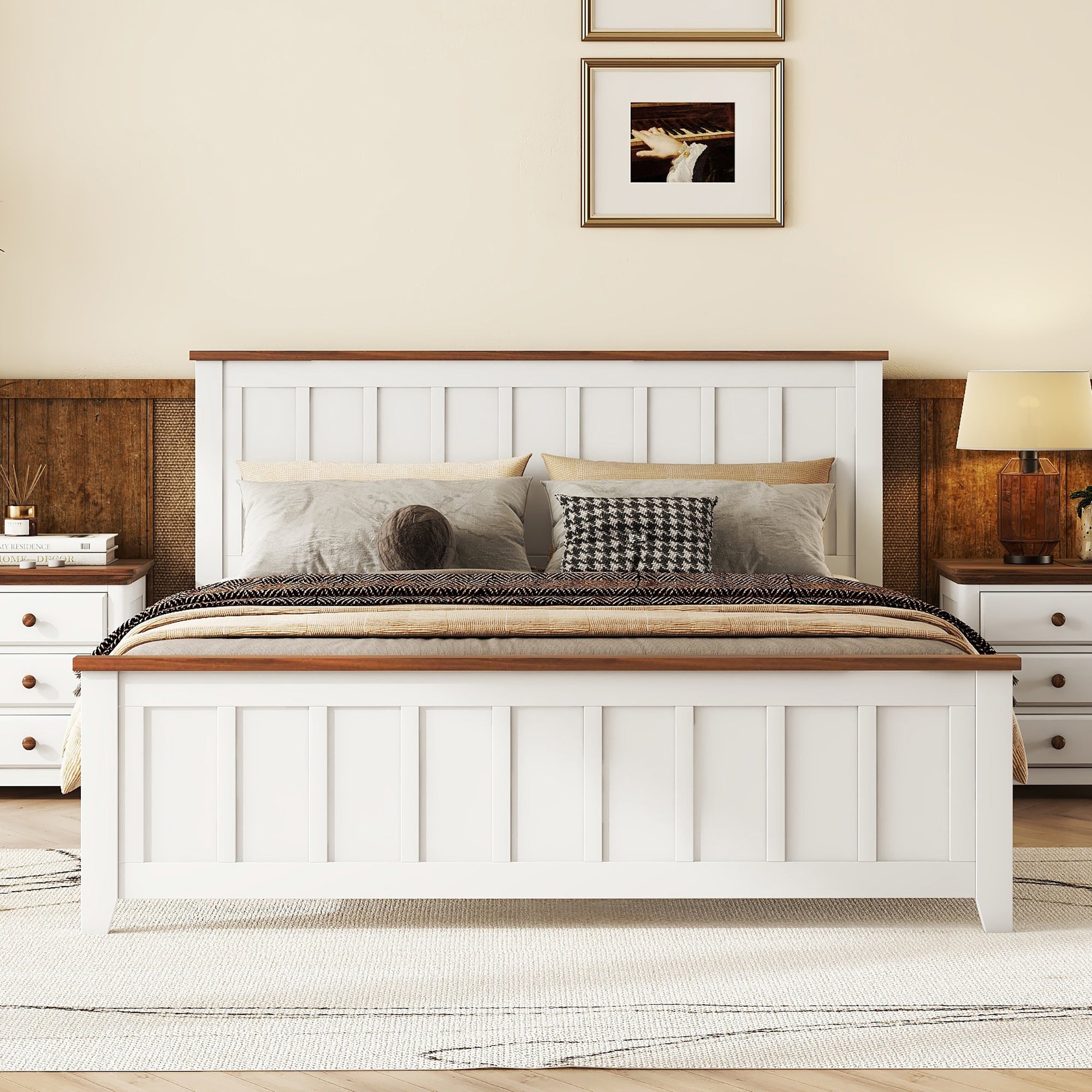 Queen Size Platform Bed Frame - Wooden Slat Support, Vintage White Headboard and Footboard