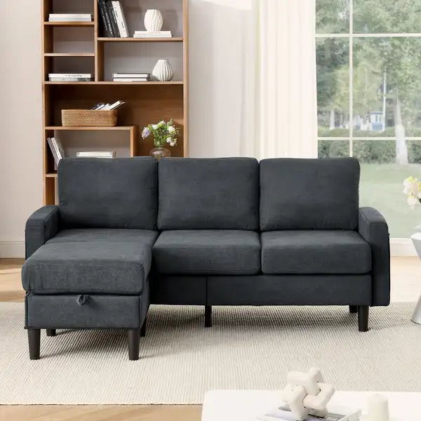 L-Shaped Sectional Sofa with Storage Ottoman - Dark Gray Fabric