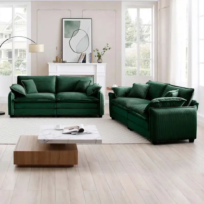 Green Corduroy Sofa Set: 2-Piece Living Room & Bedroom Furniture